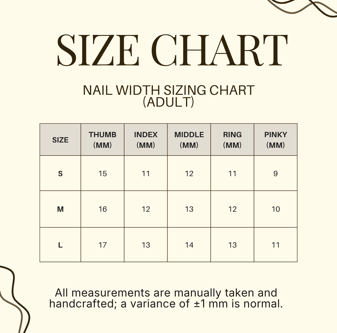 The Aurelle nail width sizing chart (adult) — thumb to pinky measurements for sizes S, M and L